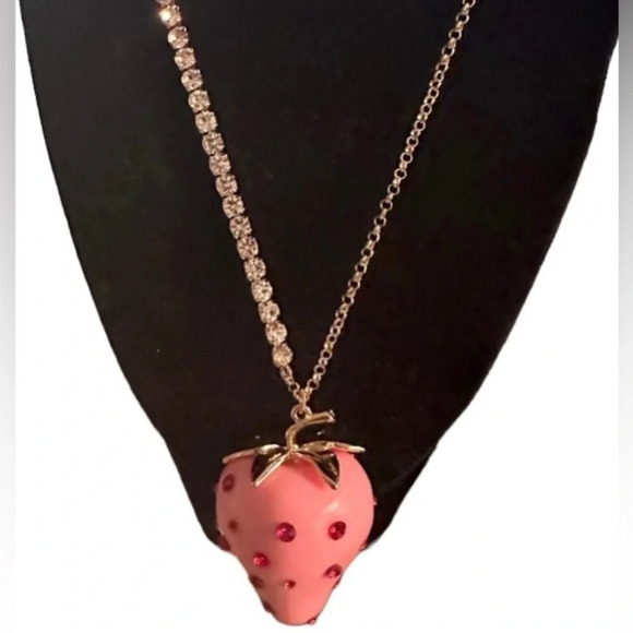 BETSEY JOHNSON SET Enamel & Crystals Pink Strawberry Necklace & Earrings NEW NWT - Picture 3 of 16